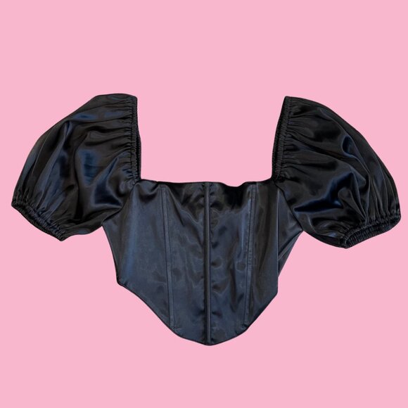 Sky to Moon Tops - Sky to Moon Black Satin Puff Sleeve Square Neck Crop Top Woman's Size Small